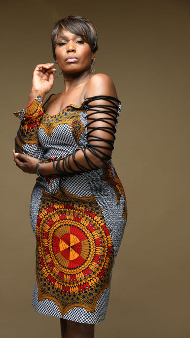 SUNRAY Shirred Ankara & Eyelet Bodycon Midi Dress